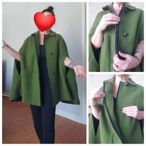 Vintage Green Wool Cape Poncho Austria Beautiful Lining Original Buttons Paisley